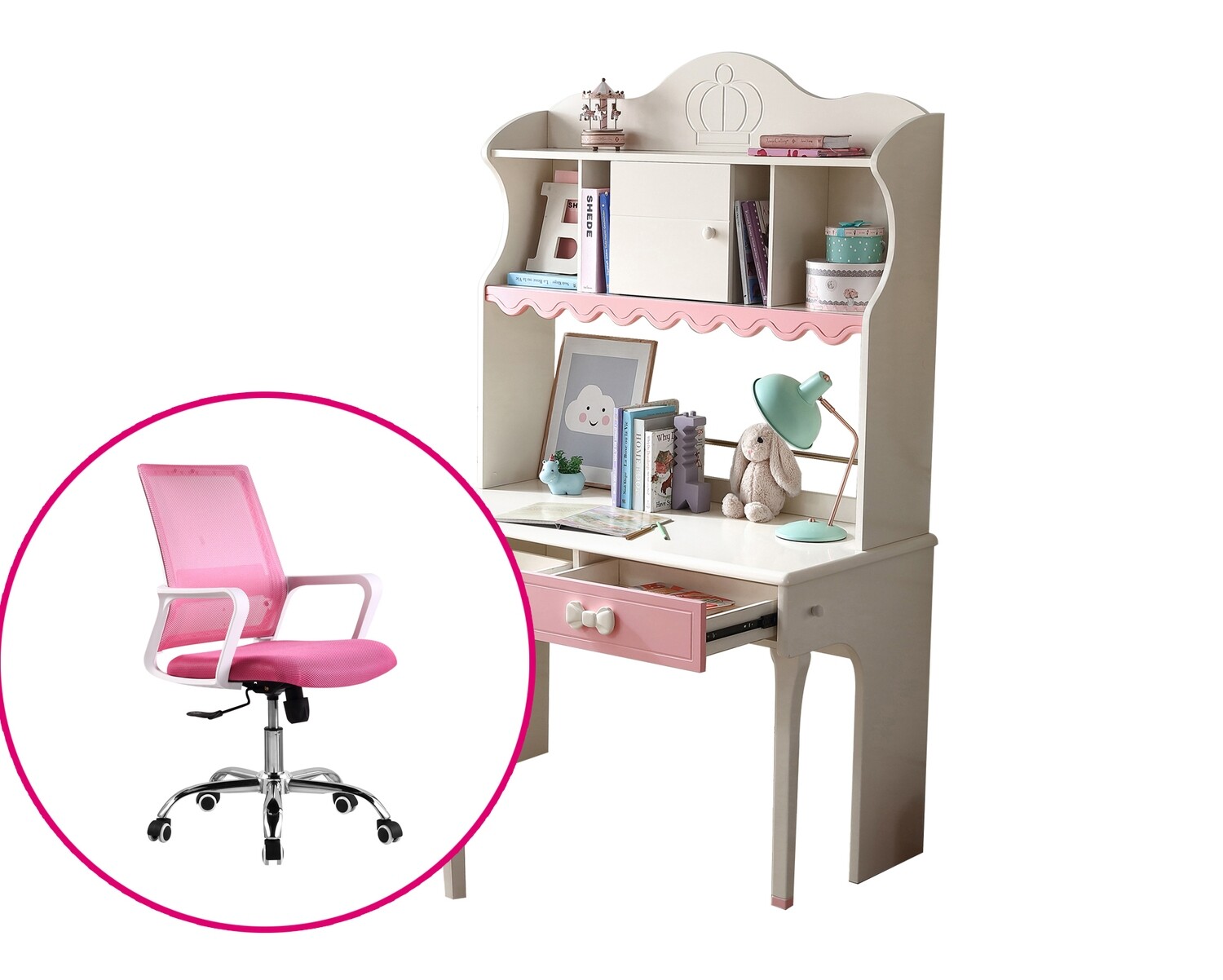 Ofix Milana Bedroom Bookcase Desk Set (Pink+White)