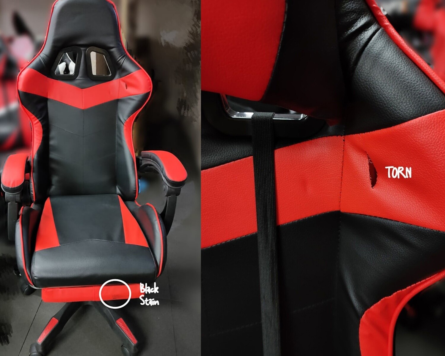 (Sale) OFX G11 Gaming Chair w/ Foot Rest (Red+Black) (Backrest Torn, Stains & No Pillows)