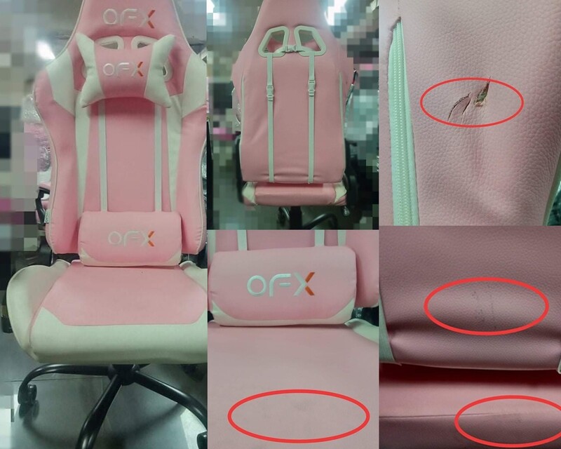 (Sale) OFX Gideon Steel Base Gaming Chair (Pink-Torn &amp; Slightly Dirty, Backrest Torn &amp; Scratches/ Black-Scratches &amp; Armrest Dents, Grey+Black: Backrest Torn, Black+Red: Dents, Scratches, Torn), Color: 012422-A Gideon Steel Base High Back Gaming Chair (Pink+White) (Sale)