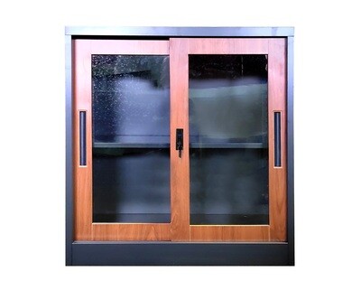 Ofix 2-Layer Glass Sliding Door Steel Cabinet (Walnut)