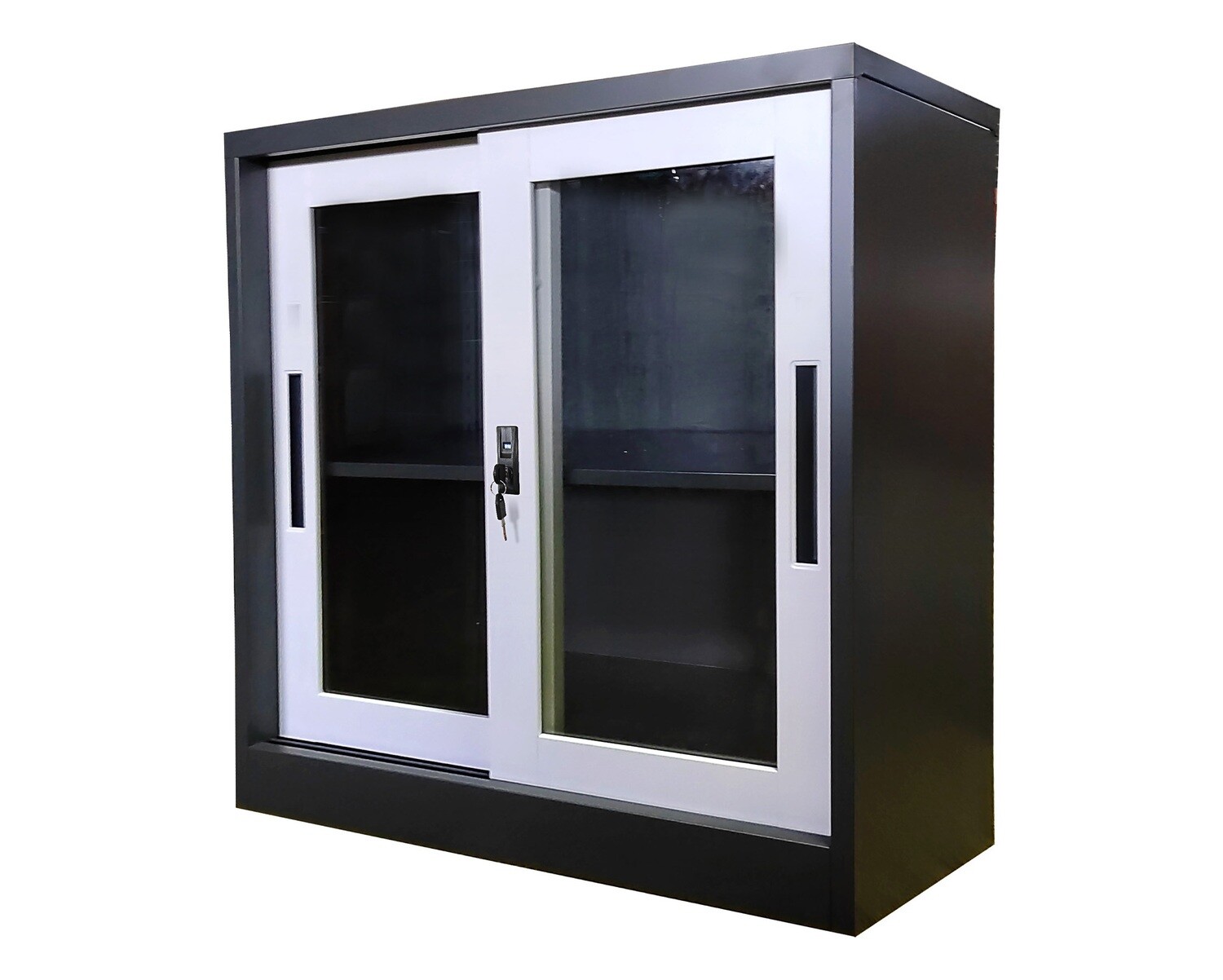 Ofix 2-Layer Glass Sliding Door Steel Cabinet (Grey+White)