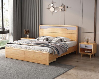 Flotti Xanthi Solid Thailand Rubberwood Bed Frame w/ Pull-Out Drawer (Queen, King) (Side Drawers Are Not Included)