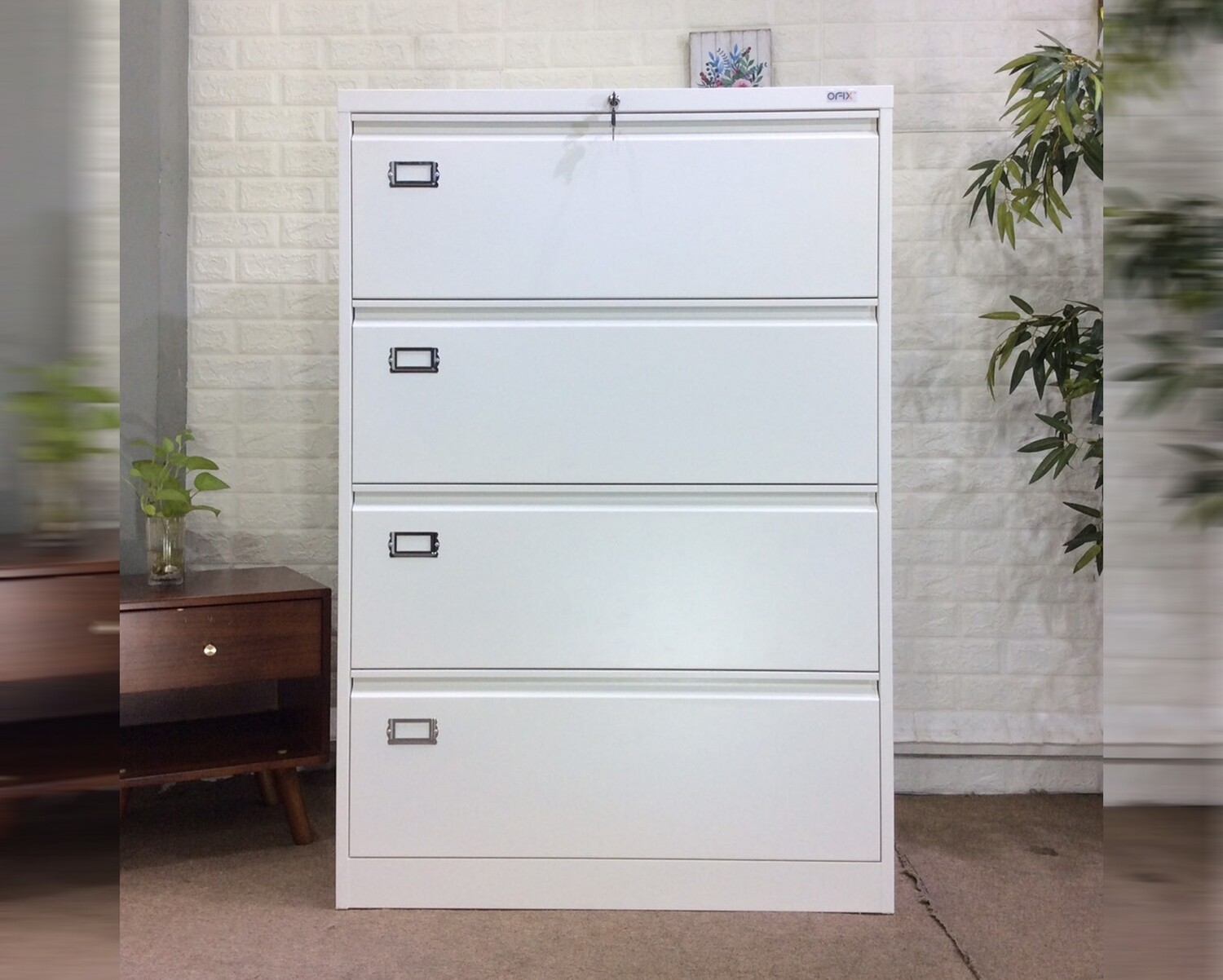 Ofix lateral 4 drawer steel filing cabinet white dark grey white 