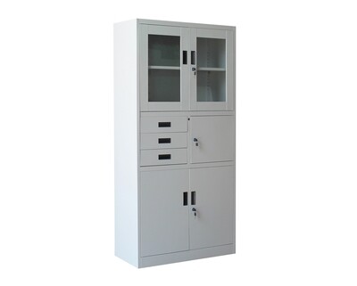 Ofix Swing Glass Steel Cabinet w/ 3 Side Drawers, 1 Swing Door (Greyish White)