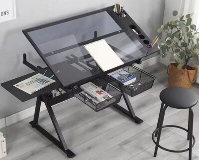 Ofix ML-030 Drafting Glass Table Height Adjustable with Extra Side Table Drawers (Black) (Stool is Not Included)