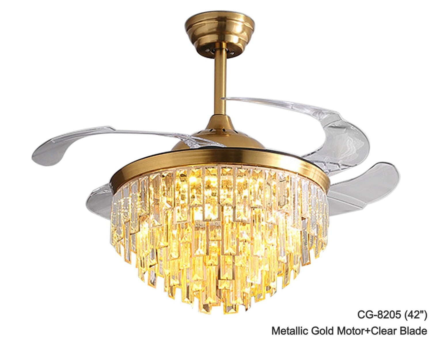 MYKE Ceiling Fan/ Chandelier (42") (Metallic Gold) (2 yrs Warranty) MYKE Ceiling Fan/ Chandelier (42") (Metallic Gold) (2 yrs Warranty), Model/ Color: CGE-8205 (42") (Metallic Gold Motor+Clear Blade)