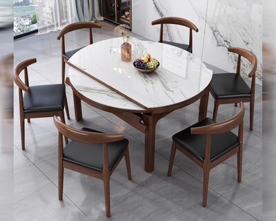 Ofix Savanna Solid Thailand Rubberwood Dining Set (Convertible Table: Round to Rectangular Table) +(4 Dominic Dining Chair) (135*85/ 135Diameter)
