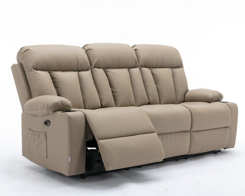 Flotti Daphnie-XL-3-Seater Air Leather (Power Recliner)  with Cup Holder and Side Pocket (Light Beige)