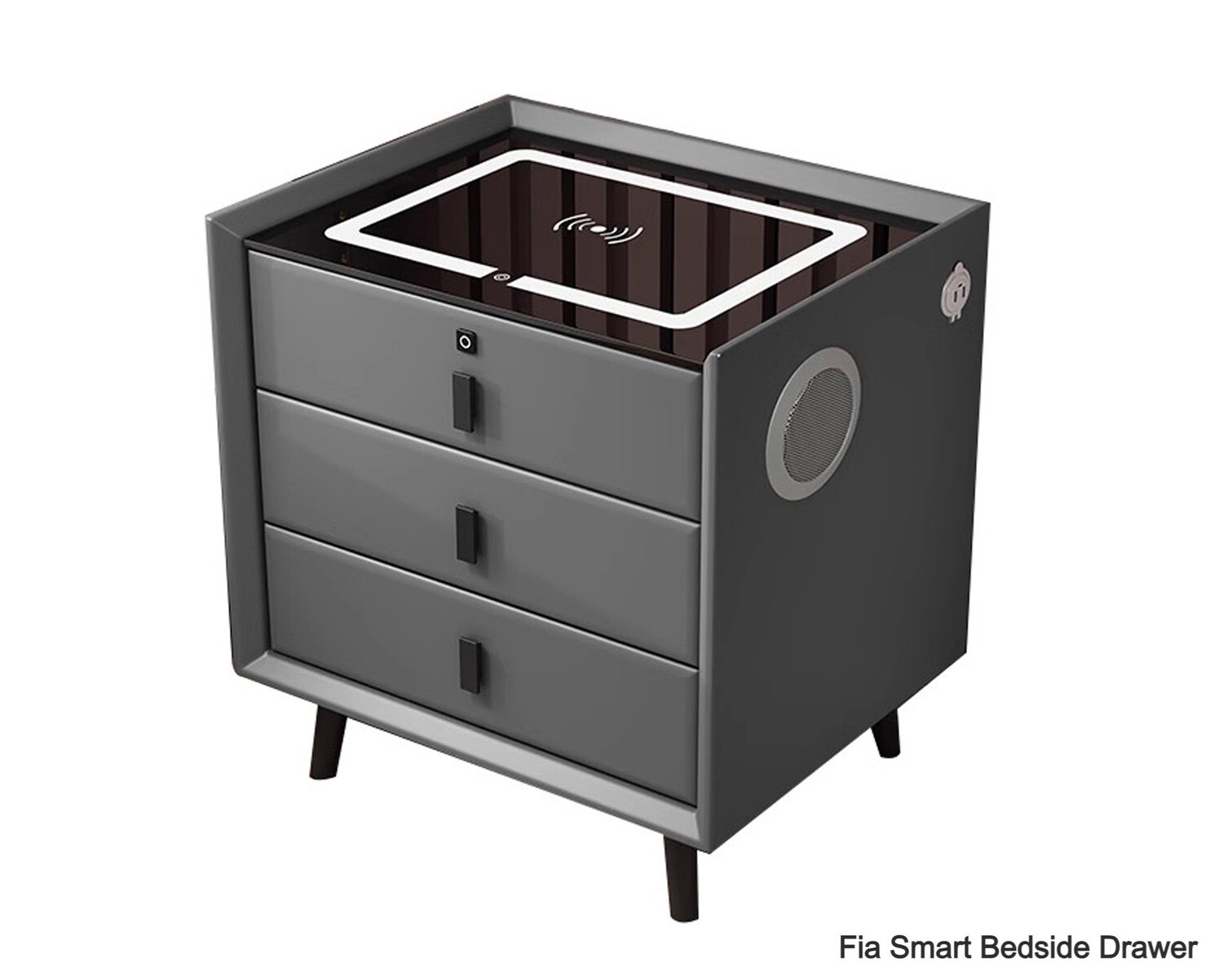 Ofix Fia w/ Fingerprint Lock Wireless Fast Charge, Three Color LED Light, USB Port, Bluetooth Audio Bedside Drawer, Model: Fia Smart Bedside Drawer (SOLD OUT, PRE-ORDER FOR EARLY OCTOBER)