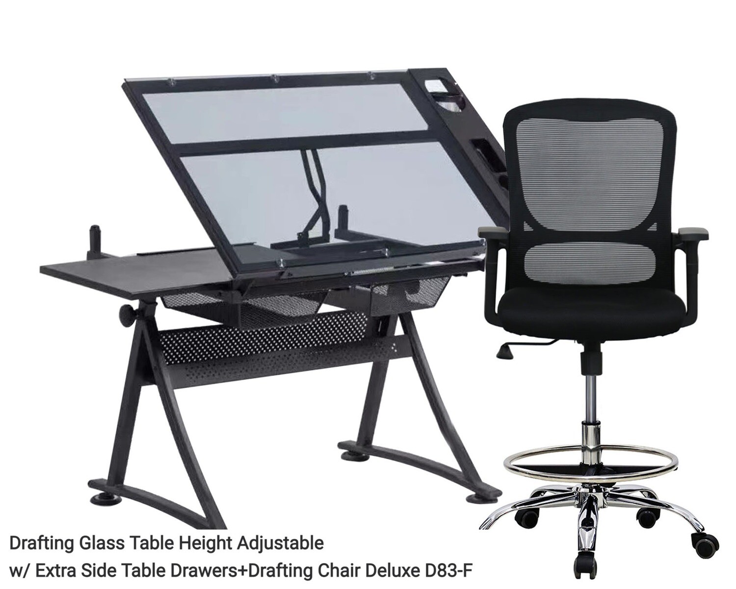 Ofix Drafting Table & Chair Set (Glass Table Height Adjustable with