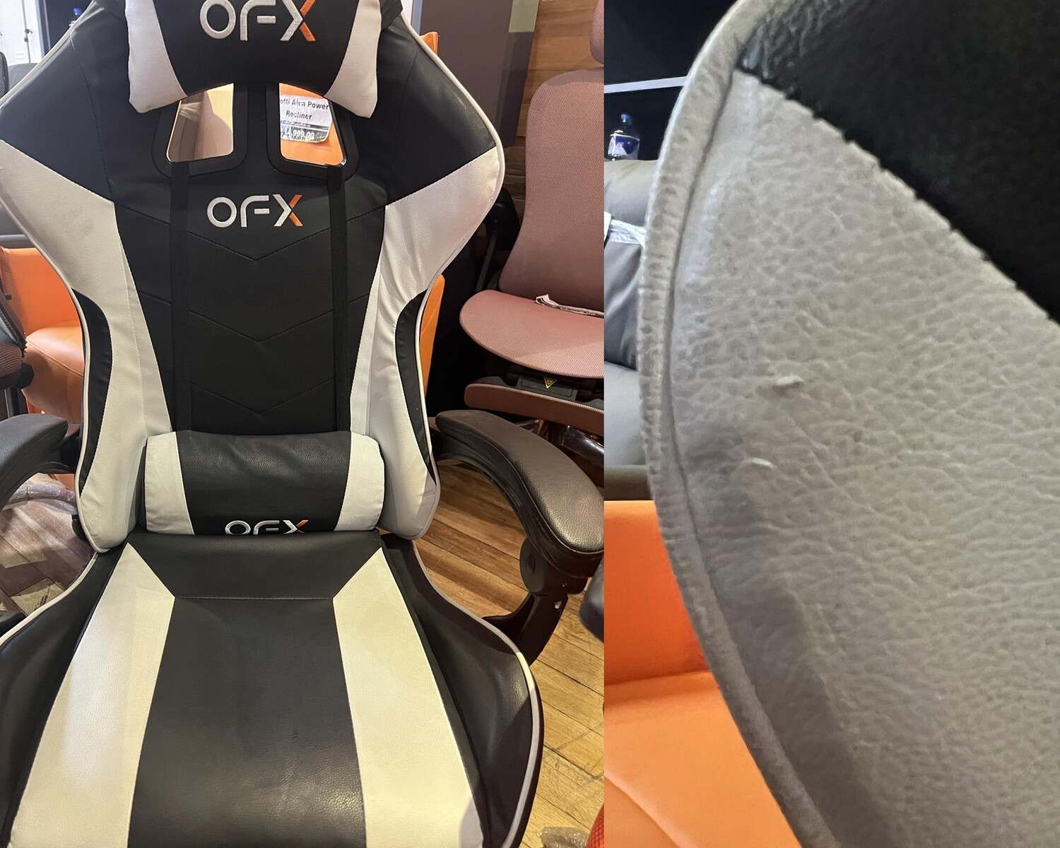 (Sale) OFX G11 Gaming Chair w/ Foot Rest/ w/o Footrest (Slightly Dirty &amp; Small Torn, Slightly stain / Small Torn / Arm deform / Scratches &amp; Washable Dirt/ No Head Pillow, Armrest Torn), Color:: 033024-B G11 Gaming Chair with Foot Rest (Black+White) Y-2450 (Sale)