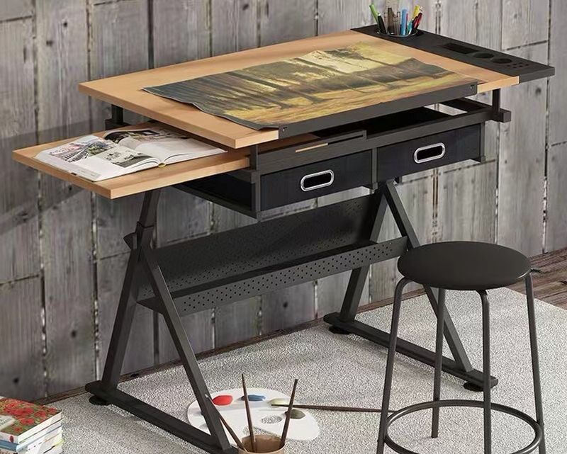 Ofix ML-032 Drafting Wood Table Height Adjustable with Extra Table Drawers (Black+Wood, Brown) (Stool is Not Included)