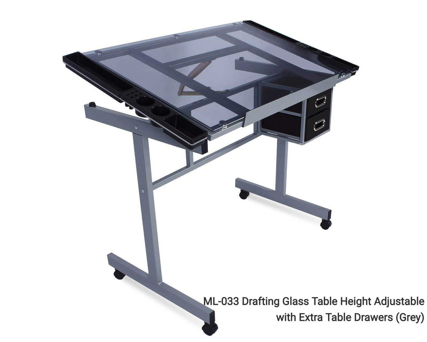 Ofix ML-033 Drafting Glass Table Height Adjustable with Extra Table Drawers (Grey) (Stool is Not Included), Color: ML-033 Drafting Glass Table Height Adjustable with Extra Table Drawers (Grey)