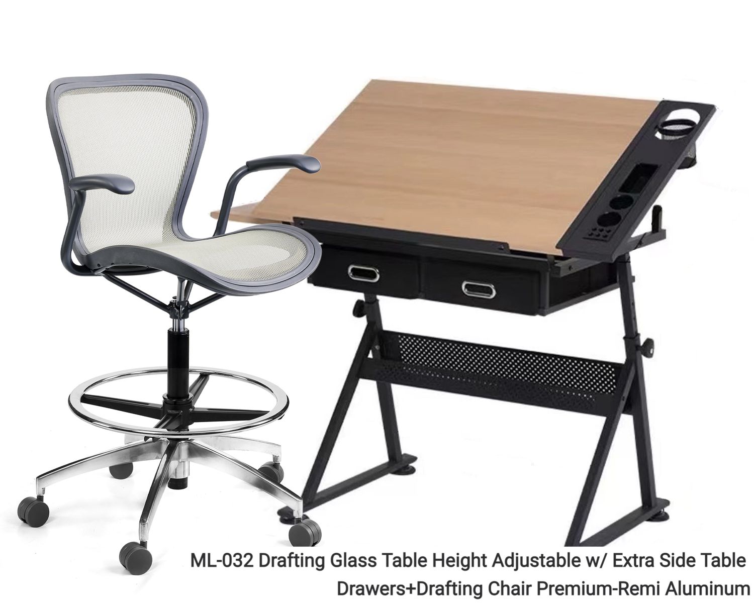 Ofix ML-032 Drafting Table &amp; Chair Set (Wood Table Height Adjustable with Extra Side Table Drawers + Premium Remi/ Premium 32/ Deluxe D88 ) (Black+Wood), Drafting Table &amp; Chair Set Option:: ML-032 Drafting Wood Table Height Adjustable w/ Extra Side Table Drawers+Drafting Chair Premium-Remi Aluminum