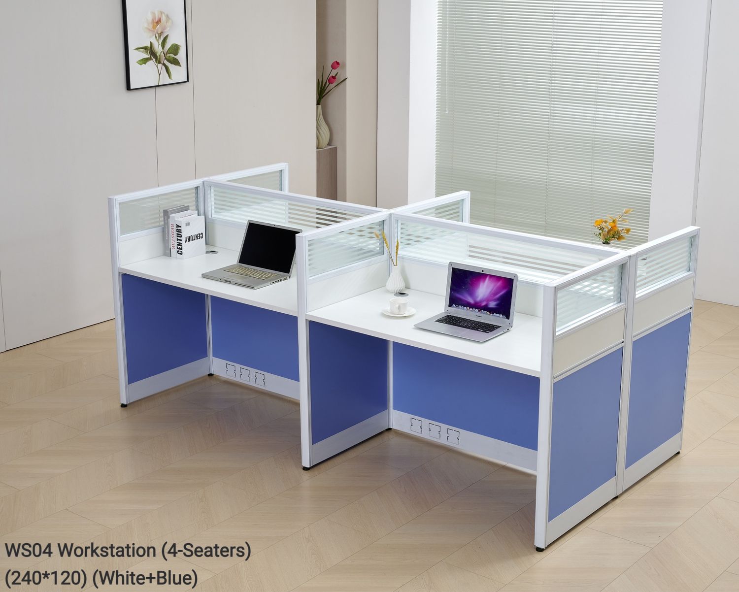 Ofix WS04 4 Seaters Workstation Partition Cubicle (White+Blue), Model: WS04 Workstation (4-Seaters) (240*120) (White+Blue)