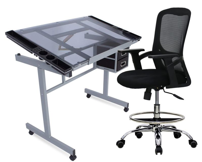 Ofix ML-033 Drafting Glass Table Height Adjustable with Extra Table Drawers+Deluxe D88 / S-066 ) (Grey)