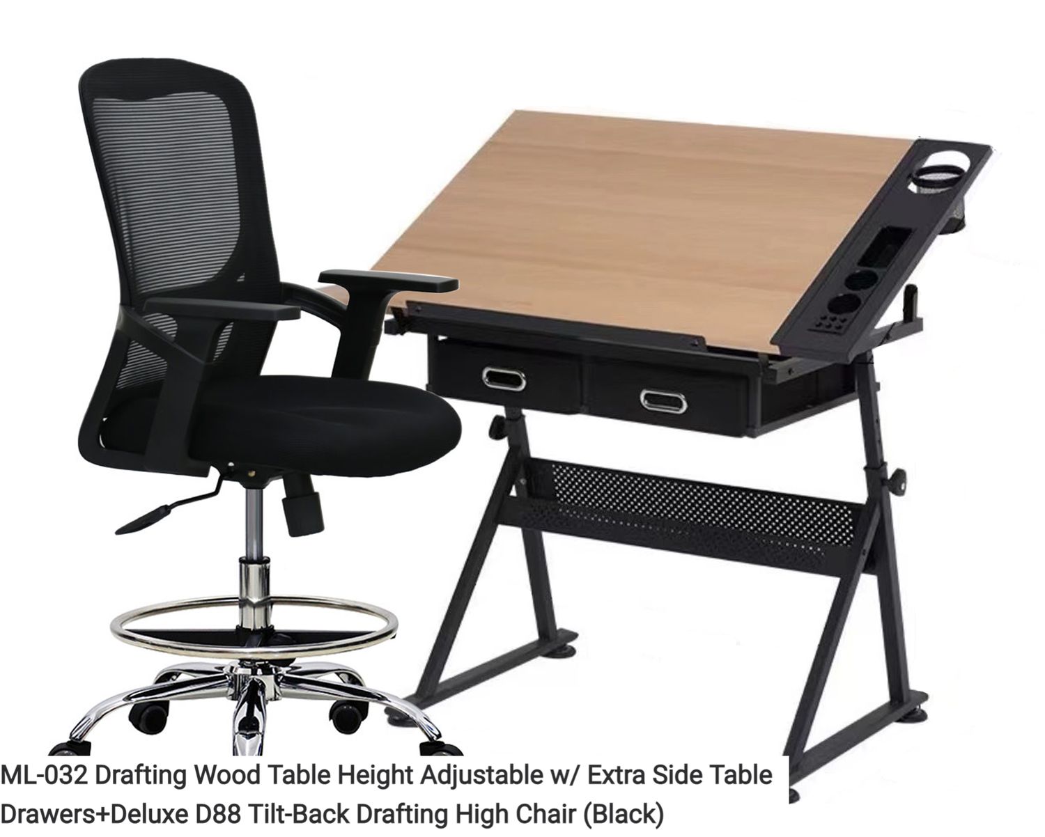 Ofix ML-032 Drafting Table &amp; Chair Set (Wood Table Height Adjustable with Extra Side Table Drawers + Premium Remi / Deluxe D88/ S-066) (Black+Wood), Drafting Table &amp; Chair Set Option:: ML-032 Drafting Wood Table Height Adjustable w/ Extra Side Table Drawers+Deluxe D88 Tilt-Back Drafting High Chair (Black)