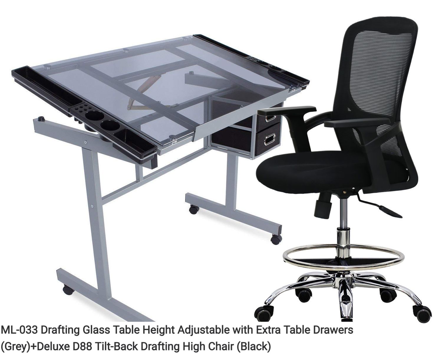 Ofix ML-033 Drafting Glass Table Height Adjustable with Extra Table Drawers+ Premium 32/ Deluxe D88 ) (Grey), Drafting Table &amp; Chair Set Option:: ML-033 Drafting Glass Table Height Adjustable with Extra Table Drawers (Grey)+Deluxe D88 Tilt-Back Drafting High Chair (Black)