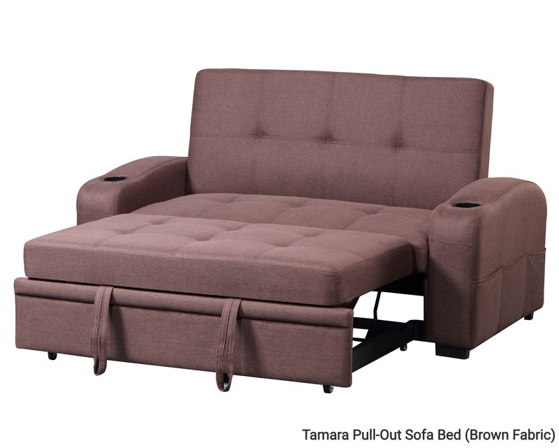 Flotti Tamara Convertible Sofa with Pull-Out Bed and Cup Holder (Brown Fabric, Dark Grey Fabric, Brown PU, Black PU), Colors:: Tamara Pull-Out Sofa Bed (Brown Fabric)