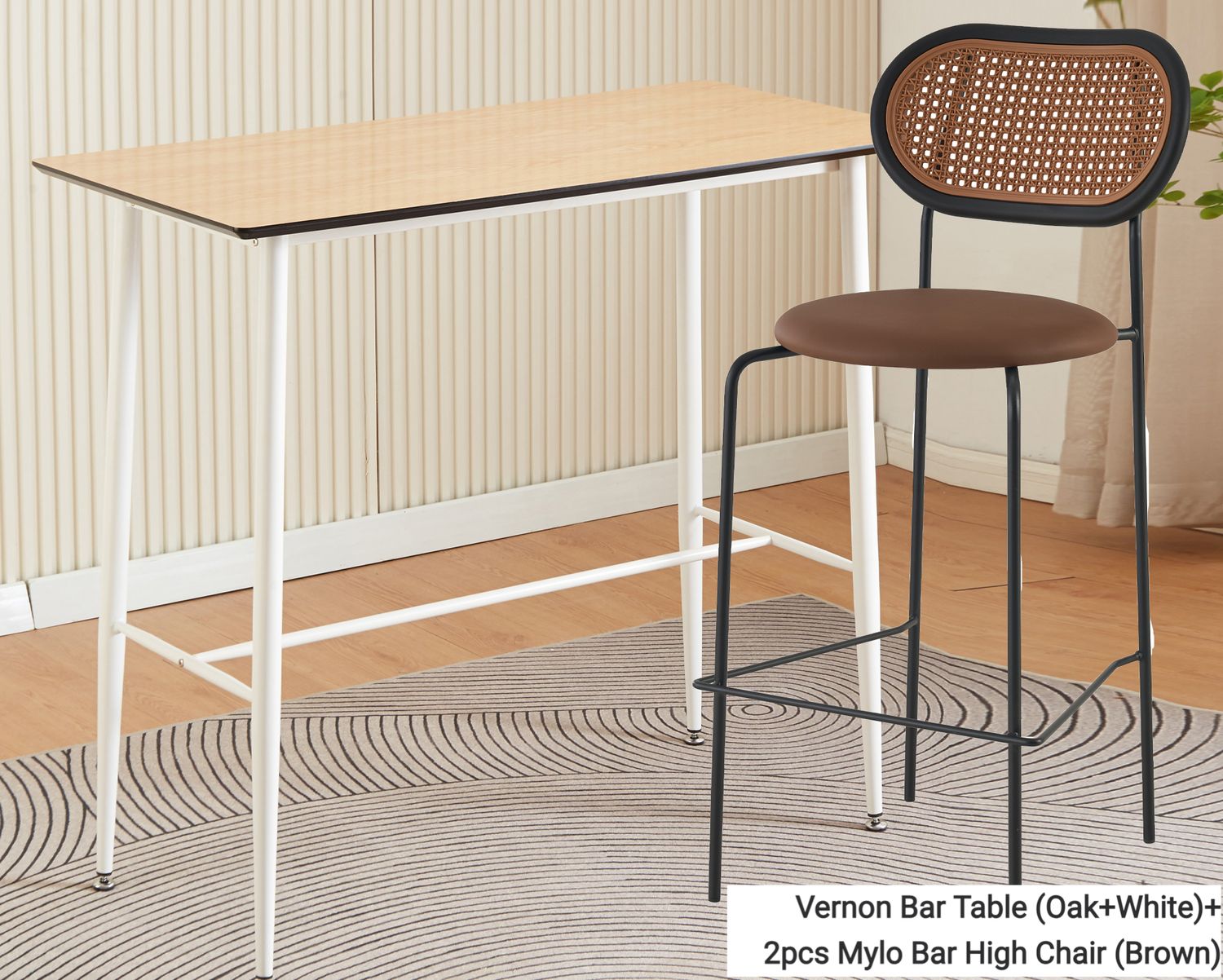Ofix Vernon Bar Table + (2Pcs. Mylo Bar Chair / 2Pcs. Rowan Bar Chair) (120*60), Option: Vernon Bar Table (Oak+White)+2pcs Mylo Bar High Chair (Brown)