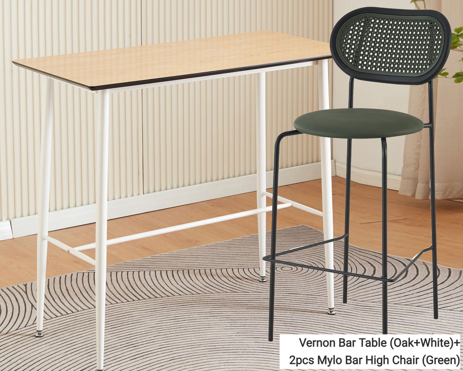 Ofix Vernon Bar Table + (2Pcs. Mylo Bar Chair / 2Pcs. Rowan Bar Chair) (120*60), Option: Vernon Bar Table (Oak+White)+2pcs Mylo Bar High Chair (Green)