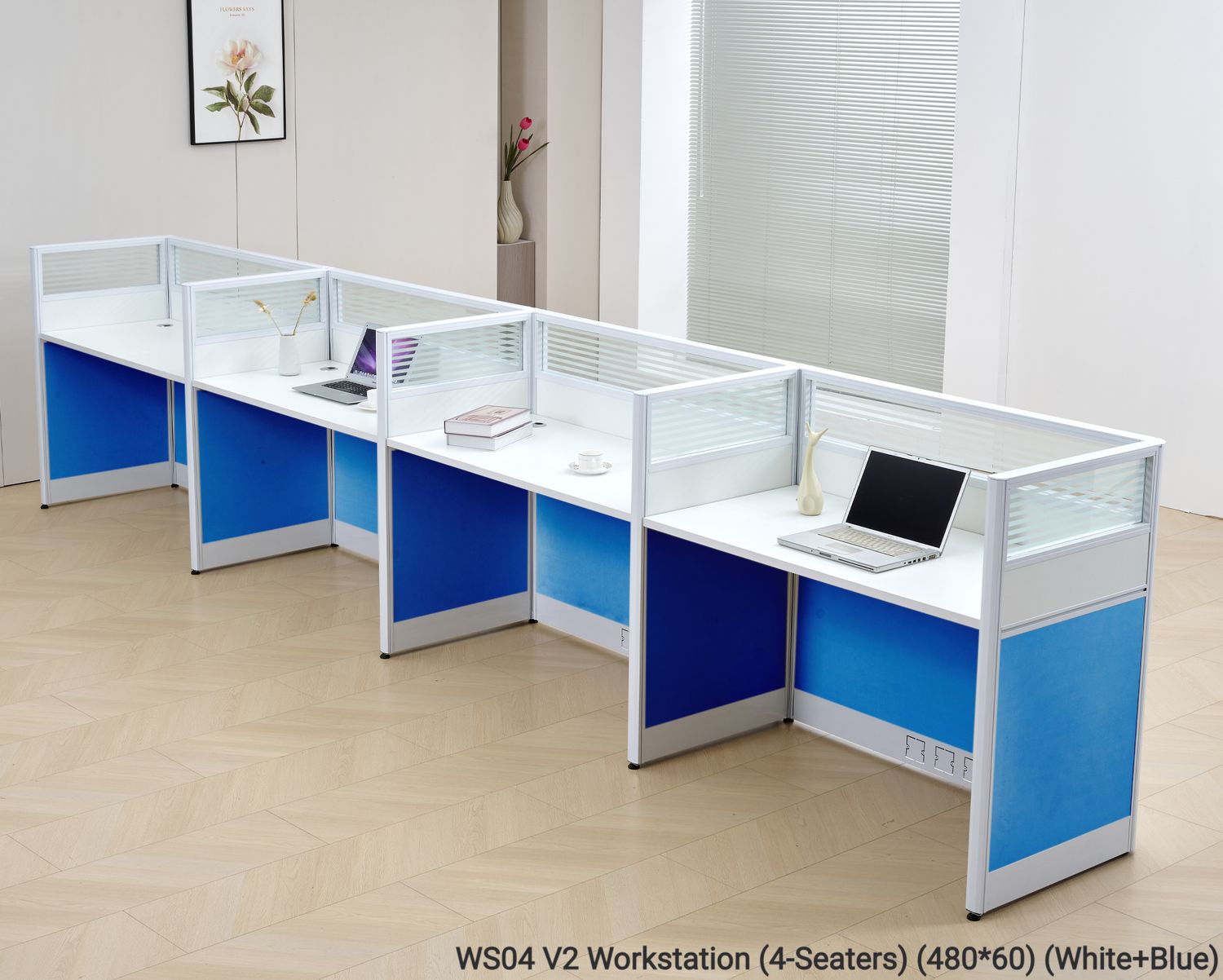 Ofix WS04-V2 4 Seaters Workstation Partition Cubicle (White+Blue, All White), Model: WS04 V2 Workstation (4-Seaters) (480*60) (White+Blue)