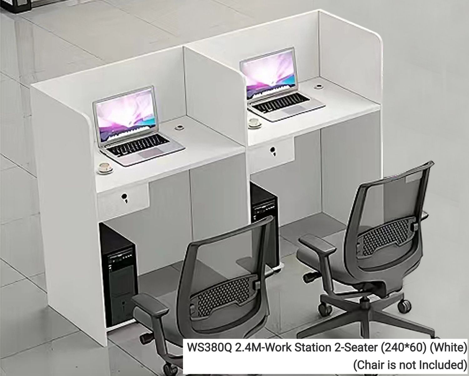 Ofix WS380Q Workstation Partition Cubicle with Fixed Drawer &amp; CPU Trolley (2-Seater, 4-Seater) (White) (Chair is not Included), Model: WS380Q 2.4M-Work Station 2-Seater (240*60) (White) (Chair is not Included)