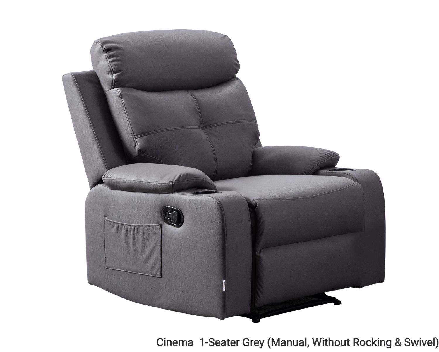 Flotti Cinema Manual Recliner (w/o Rocking &amp; Swivel, With Rocking &amp; Swivel)  with Cup Holder and Side Pocket  (Gray), Color Option:: Cinema  1-Seater Grey (Manual, Without Rocking &amp; Swivel)