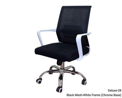 Ofix Deluxe-28 / Deluxe 28N Mid Back Mesh Chair (White+Black), Colors:: Deluxe-28 Black Mesh-White Frame (Chrome Base)