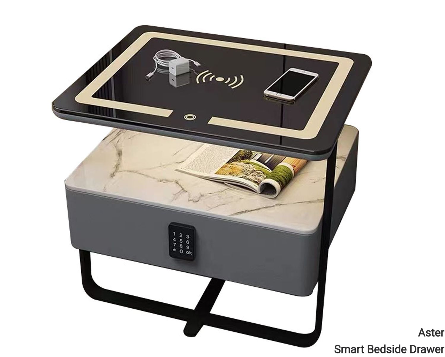 Ofix Aster w/ Security Lock Wireless Fast Charge, LED Light, Bedside Drawer, Model: Aster Smart Bedside Drawer