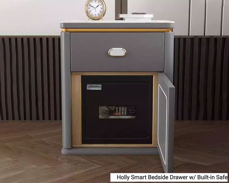 Ofix Holly w/ Security Lock &amp; Built-in Safe Box, Wireless Fast Charge, LED Light, USB Port, Bluetooth Audio Bedside Drawer, Model: Holly Smart Bedside Drawer w/ Built-in Safe Box