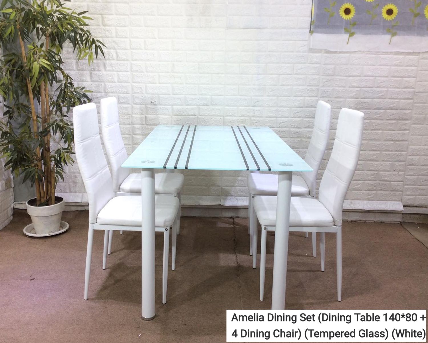 Ofix Amelia Dining Set (Dining Table 140*80 +4 Dining Chair) (Tempered Glass) (White, Grey), Option: Amelia Dining Set (Dining Table 140*80 +4 Dining Chair) (Tempered Glass)  (White)