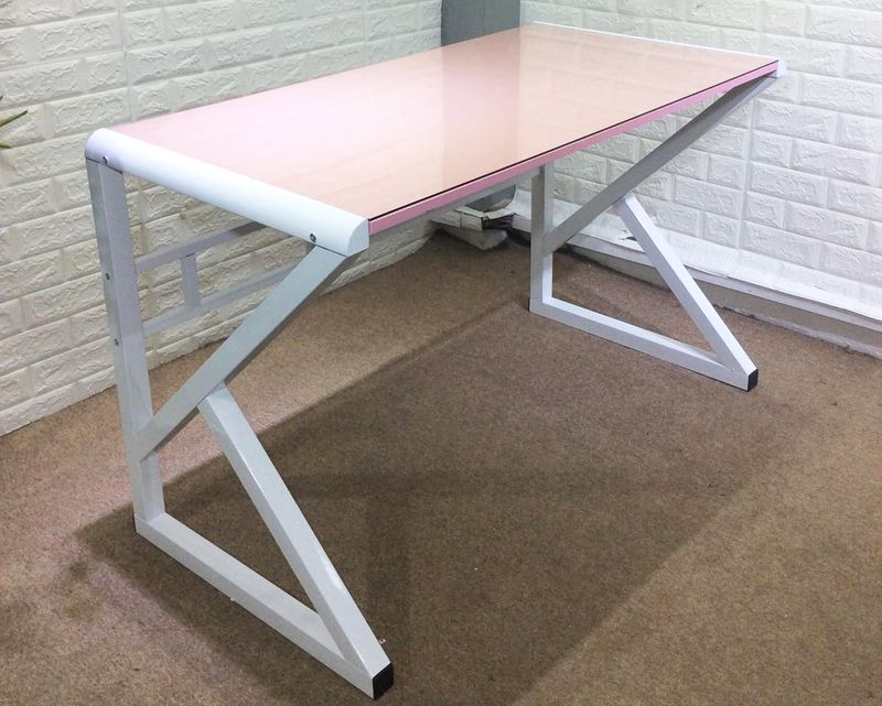 (Sale) Ofix 601 (120x60) Glass Top Computer Desk (Pink) (Glass Top Damage)