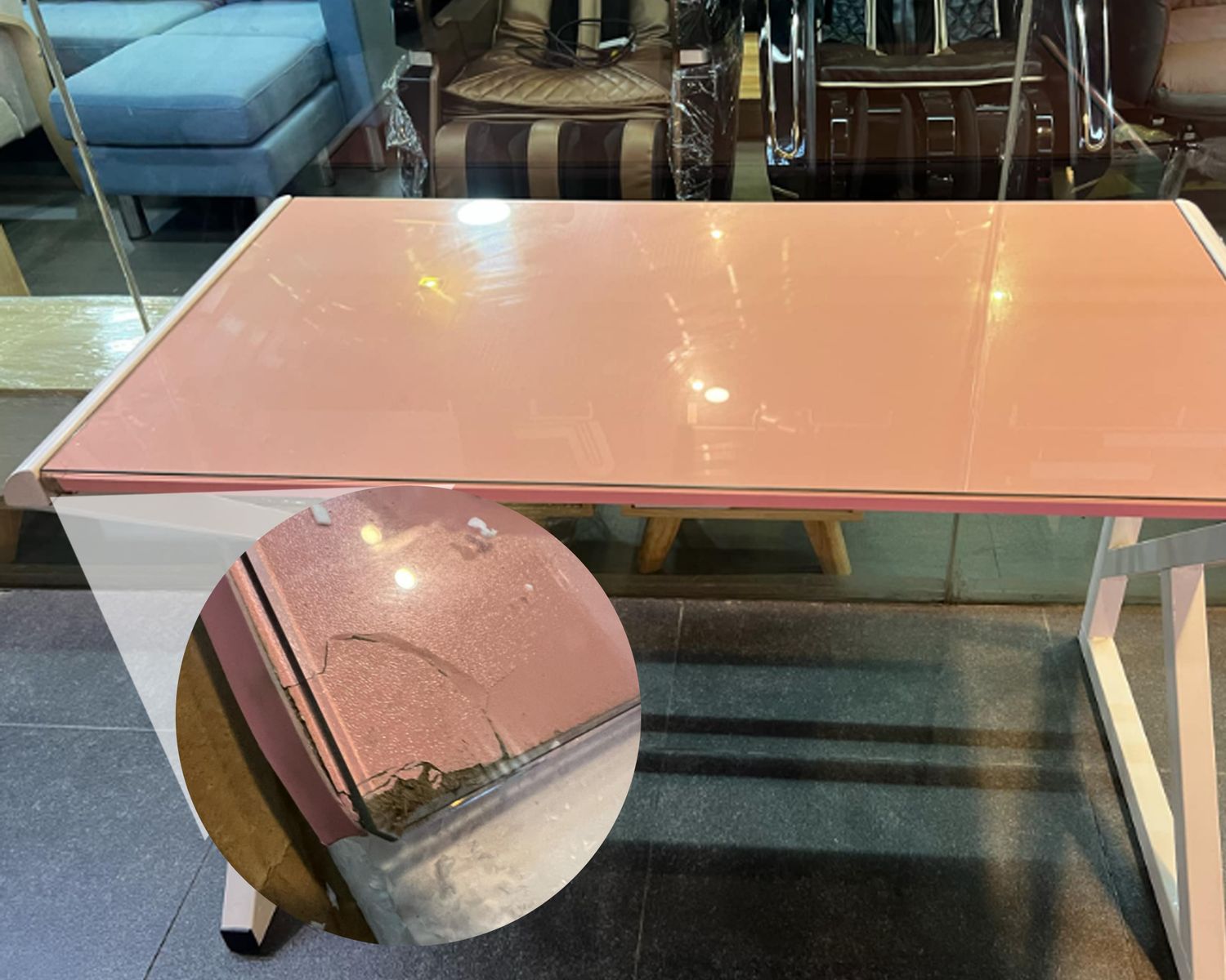 (Sale) Ofix 601 (120x60) Glass Top Computer Desk (Pink) (Glass Top Damage), Color: 122024SM-M 601 (120x60) Glass Desk (Pink) (Sale)