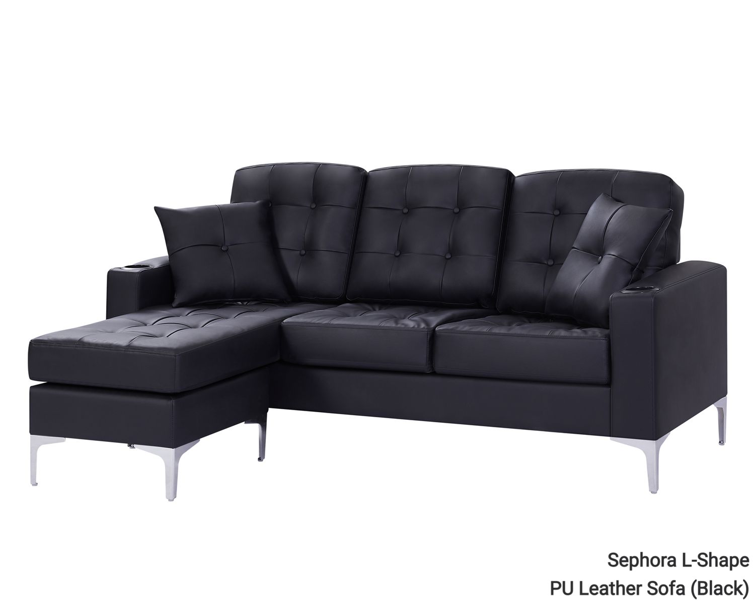 Flotti Sephora L-Shape With Cupholder &amp; Two Pillows PU Leather/ Fabric Sofa (Black, Dark Brown, Grey), Color:: Sephora L-Shape PU Leather Sofa (Black)