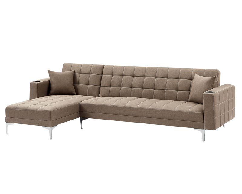 Flotti Ludivine Convertible L-Shape Sofabed with Cupholder &amp; Two Pillows (Grey, Light Brown)