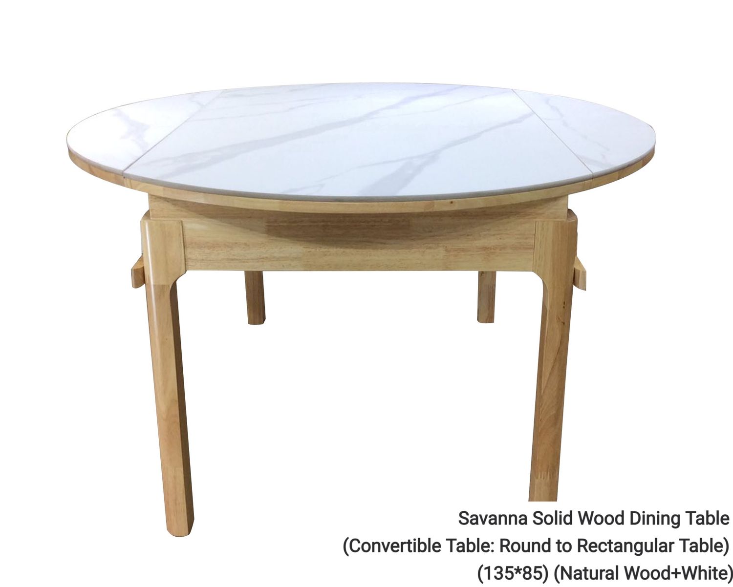 Ofix Savanna Solid Thailand Rubberwood Dining Table (Convertible Table: Round to Rectangular Table) (Natural Wood+White, Walnut+Marble Top) (135*85/ 135Diameter), Option: Savanna Solid Wood Dining Table (Convertible Table: Round to Rectangular Table)  (135*85) (Natural Wood+White)