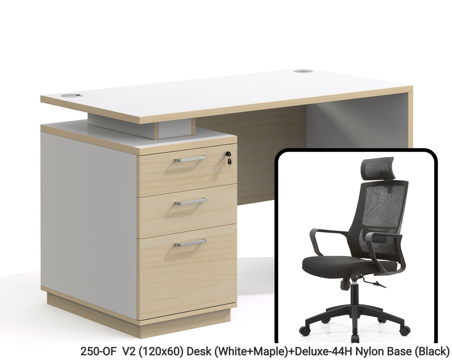 Ofix 250-OF / 250-OF V2 Office Table  &amp; Chair Set ( (120x60) Table+Deluxe 31H/ Deluxe 44H/ Korean V06) (White+Maple, Wooden), Set Option: 250-OF  V2 (120x60) Desk (White+Maple)+Deluxe-44H Nylon Base (Black)