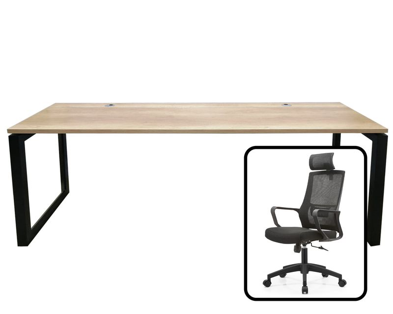 Ofix  001-OD Office Table  &amp; Chair Set (200x60) Table+Deluxe 31H/ Deluxe 44H/ Korean 201) (Natural Wood, Brown Teakwood)