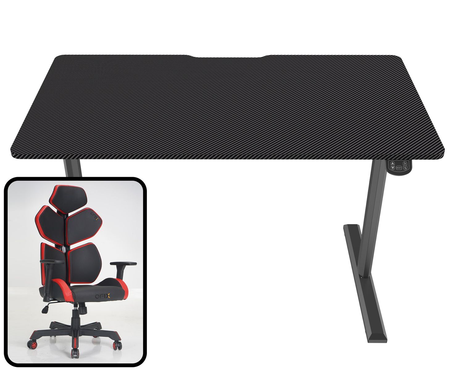 OFX Gaming Desk &amp; Chair Set (Jabez 140*60 Electric Height Adjustable Black / GD2 Vitesse Red+Croco V1 PU Gaming Chair 3D Armrest Black+Red)