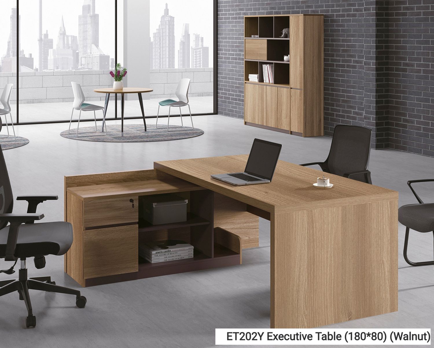 Ofix ET202Y Executive Desk with Side Cabinet (Walnut), Model: ET202Y Executive Table (180*80) (Walnut)