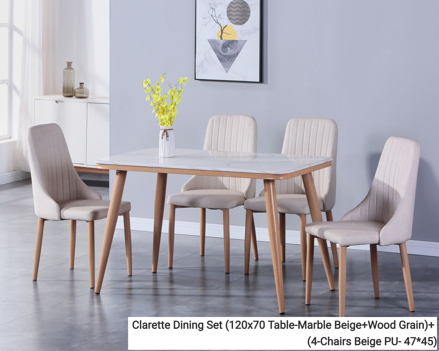 Ofix Clarette Dining Set (120*70,  140*80) (4 Seater) (Beige), Option: Clarette Dining Set (120x70 Table-Marble Beige+Wood Grain)+ (4-Chairs Beige PU- 47*45)