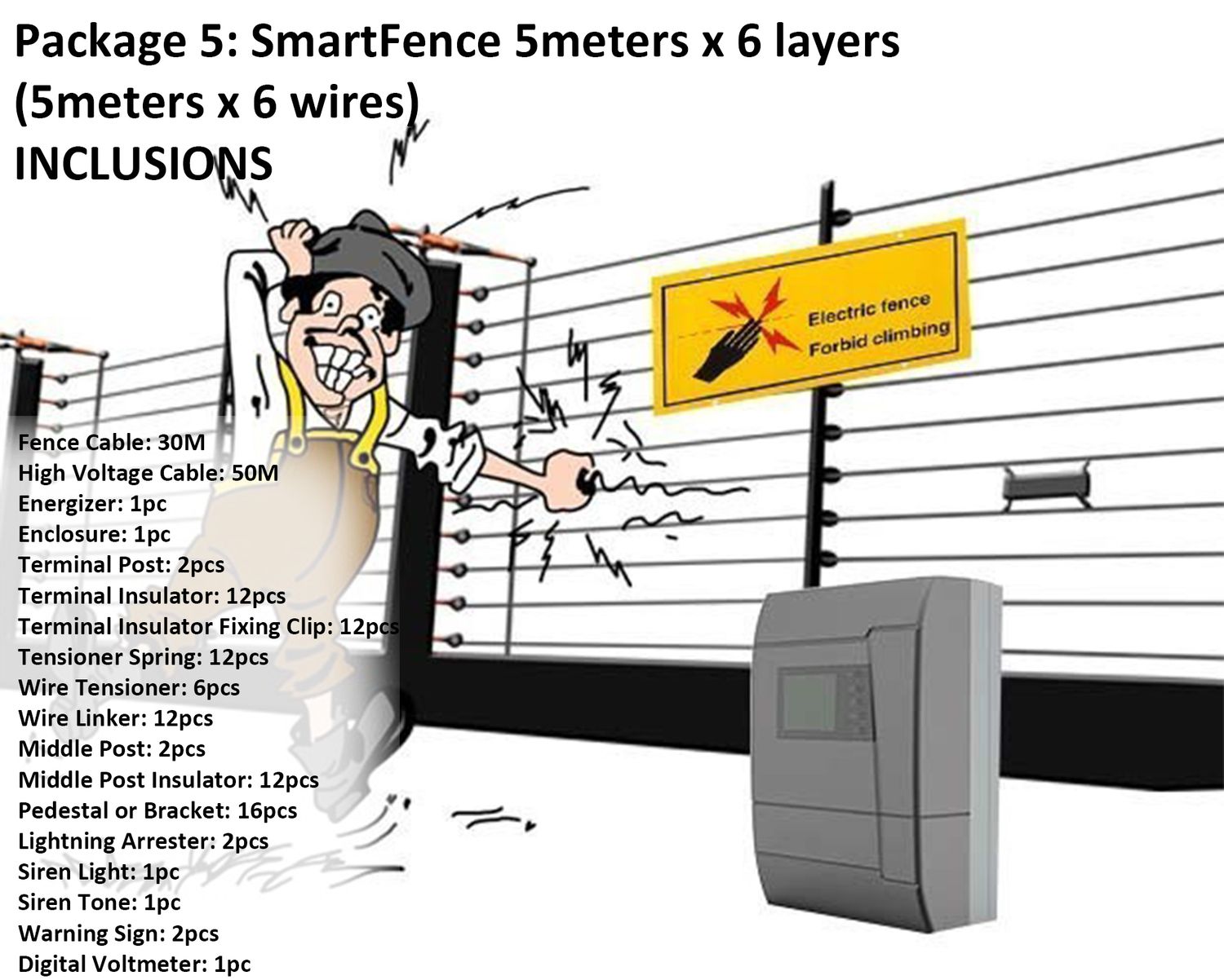 Qube Smart Fence 5meters x 6 layers Package 5 (5meters x 6 wires), Energizer: 1pc Energizer w/ Enclosure, Fence Cable: 30 Meters Fence Cable, Middle Post &amp; Insulator: 2pcs. Middle Post, 12pcs. Middle Post Insulator, Tensioner Accessories: 12pcs. Tensioner Spring, 6pcs. Wire Tensioner, 12pcs. Wire Linker, Terminal Post &amp; Accessories: 2pcs. Terminal Post, 12pcs Terminal Insulator, 12pcs. Terminal Insulator Fixing Clip, Other Accessories: 1pc. Siren Light , 1pc Siren Tone , 2pcs. Warning Sign , 1pc. Digital Voltmeter, Pedestal or Bracket: 16pcs. Pedestal or Bracket, High Voltage Cable: 50 Meters High Voltage Cable, Lightning Arrester: 2pcs. Lightning Arrester