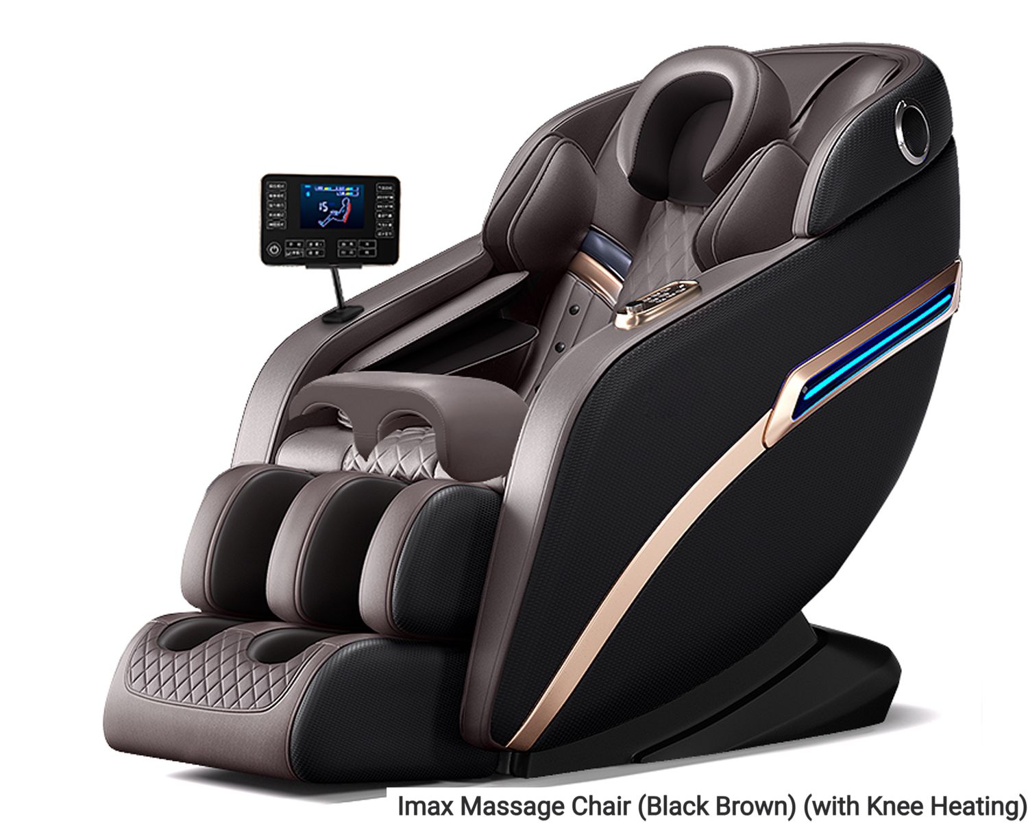 Flotti Imax Fixed Massage Chair LCD Touch Screen Full Body Massage with Knee Heating Zero Gravity Function w/ AI Voice Control and Central Control Knob System w/ U Pillow Massage, COLOR: Imax Massage Chair (Black Brown) (with Knee Heating)