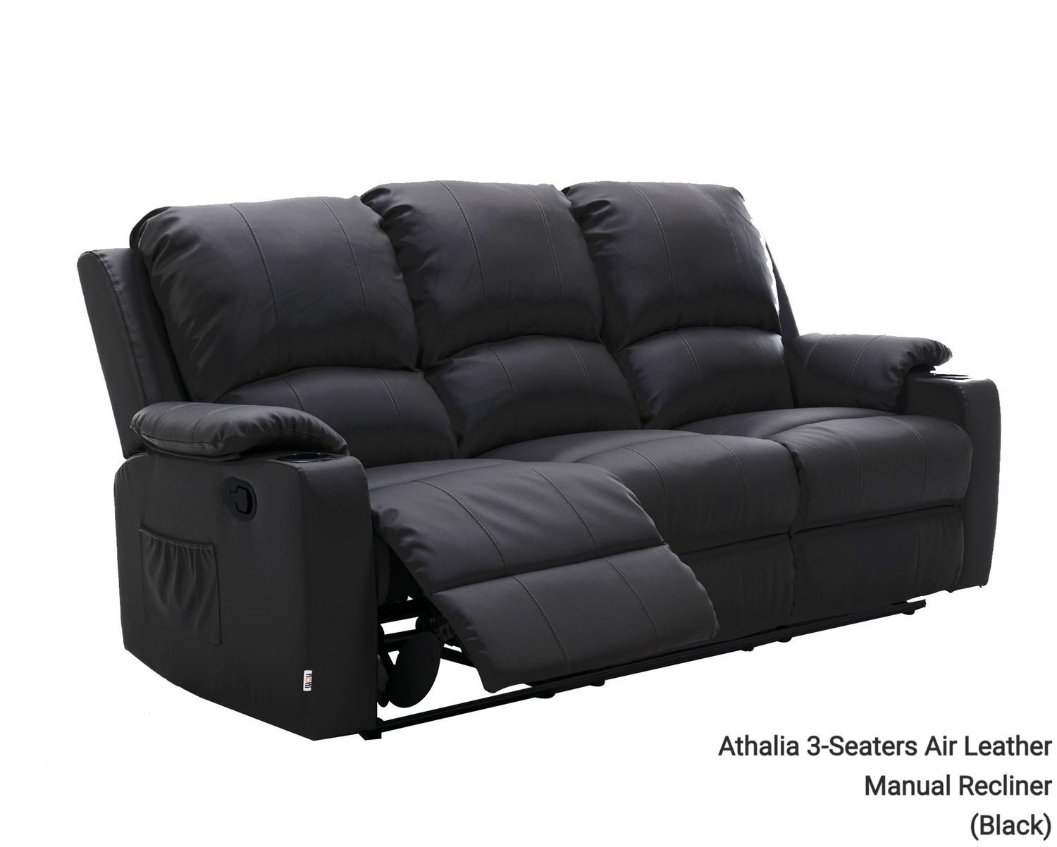 Flotti Athalia 3-Seaters Air Leather (Manual Recliner/ Power Recliner)  with Cup Holder and Side Pocket  (Brown, Light Beige, Black, Mud Grey), Model/ Color: Athalia-M 3-Seater Manual Recliner (Black)
