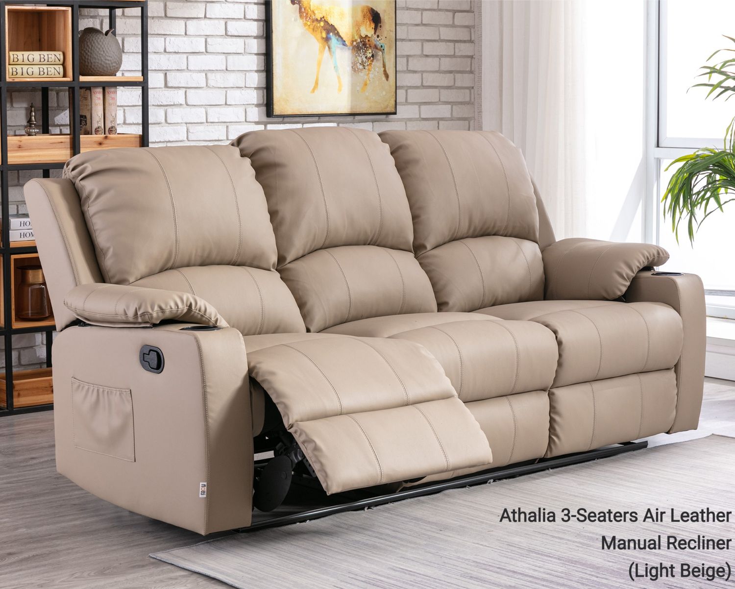 Flotti Athalia 3-Seaters Air Leather (Manual Recliner/ Power Recliner)  with Cup Holder and Side Pocket  (Brown, Light Beige, Black, Mud Grey), Model/ Color: Athalia-M 3-Seater Manual Recliner (Light Beige)