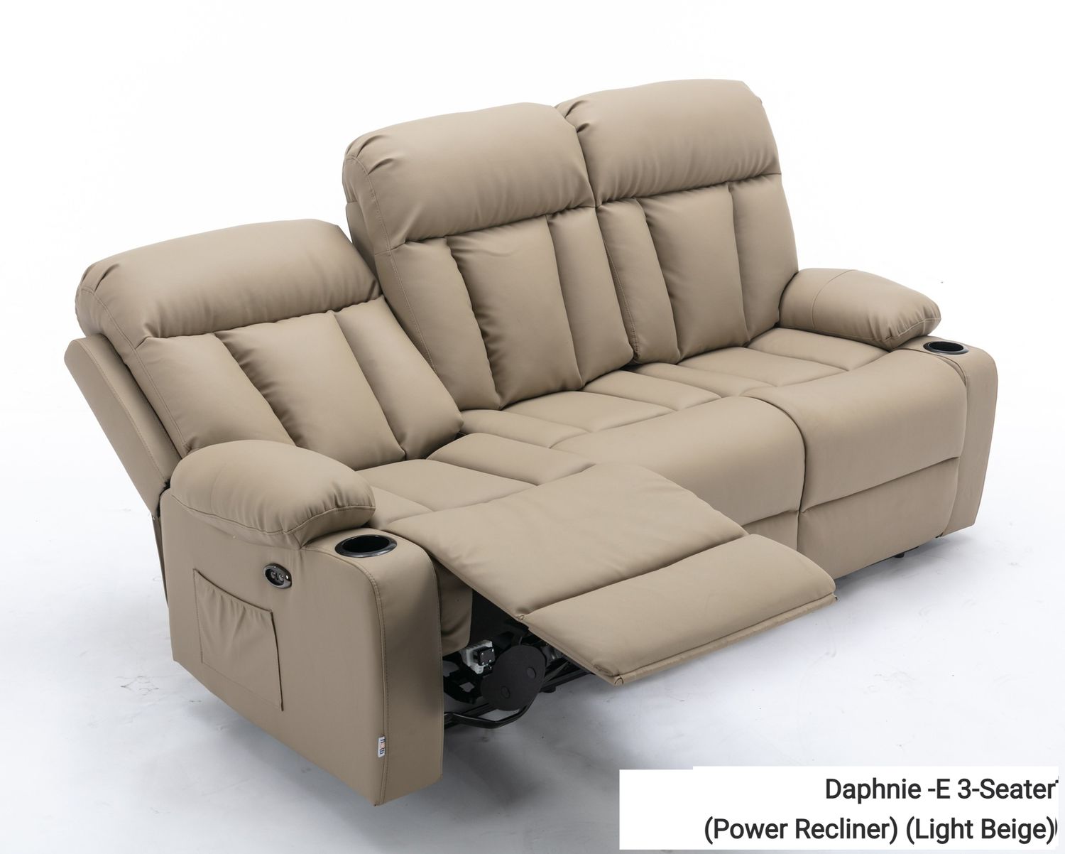Flotti Daphnie-XL-3-Seater Air Leather (Power Recliner)  with Cup Holder and Side Pocket (Light Beige), Model/ Color: Daphnie -E 3-Seater (Power Recliner) (Light Beige)