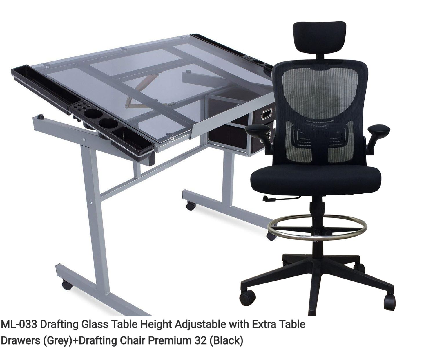 Ofix ML-033 Drafting Glass Table Height Adjustable with Extra Table Drawers+Premium 32 / S-066 ) (Grey, Black), Drafting Table &amp; Chair Set Option:: ML-033 Drafting Glass Table Height Adjustable with Extra Table Drawers (Grey) +Drafting Chair Premium 32 (Black)