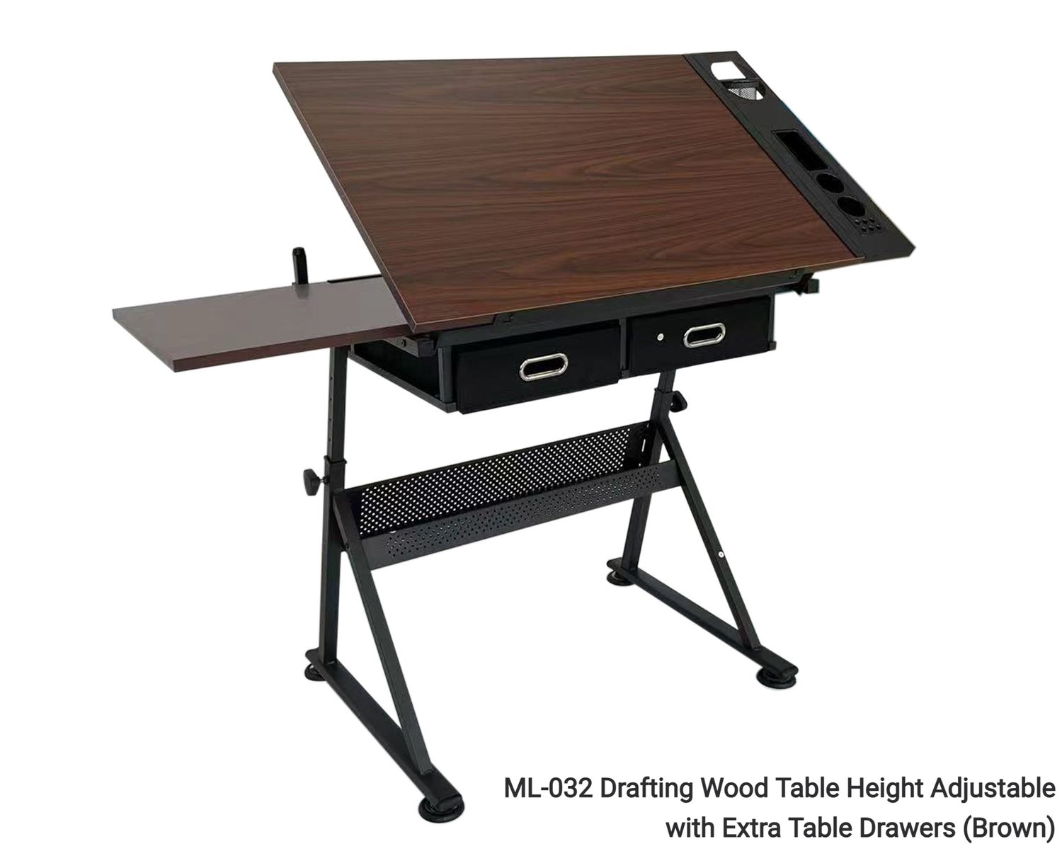 Ofix ML-032 Drafting Wood Table Height Adjustable with Extra Table Drawers (Natural Wood, Brown) (Stool is Not Included), Color: ML-032 Drafting Wood Table Height Adjustable with Extra Table Drawers (Brown)