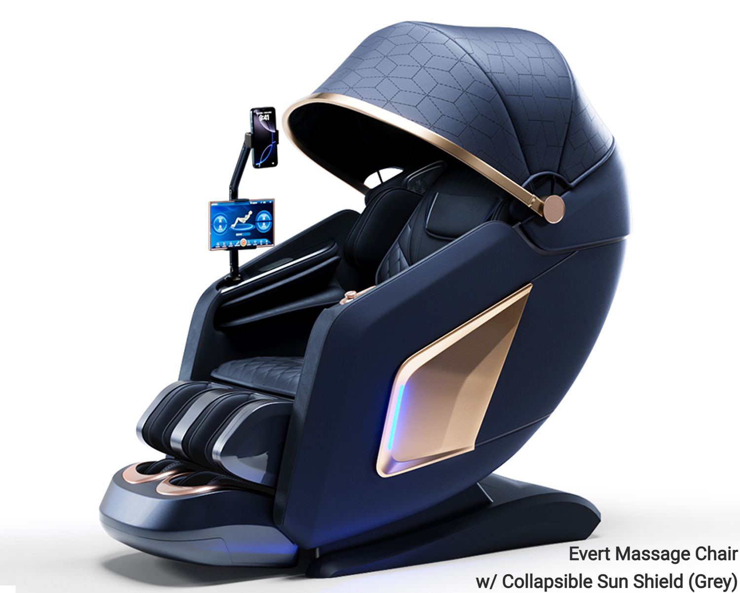 Flotti Evert Massage Chair LCD Touch Screen Body Shape Detection SL Track Neck to Leg Zero Gravity w/ Clamp Hands Kneading  w/ Al Voice Control &amp; Central Control Knob System, w/ Collapsible Sun Shield, COLOR: Evert Massage Chair w/ Collapsible Sun Shield (Grey)